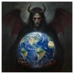 evil and suffering being transformed into goodness, life, and peace. he holds a world of darkness, but beneath him is a world of peace | epic painting