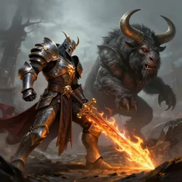 warlock paladin with a flaming sword fighting a minotaur, concept fantasy