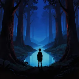 silhouette of a boy in a hilly dark sci - fi fantasy alien redwood forest with ponds at dusk. perspective landscape fantasy science fiction. high contrast, strong shadows. deep colorful soft gradients, rich blue tones, black surroundings. by norman rockwell, eyvind earle, and moebius. sci - fi artstation