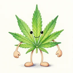 cannabis leaf man with a face and arms and legs cartoon, colored pencil illustration