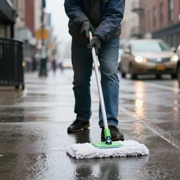 cleaner with a mop a rainy new york street, photography
