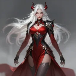 a highly detailed illustration of fiece long white haired demon woman wearing red and black battle dress, dramatic imposing pose, intricate, elegant, highly detailed, centered, digital painting, artstation, concept art, smooth, sharp focus, league of legends concept art, wlop.