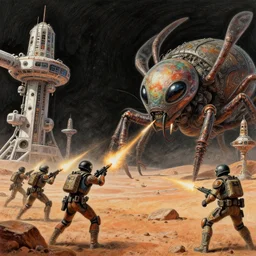 space soldiers shoot at giant alien insect on martian space stations, colored pencil, highly detailed, deep aesthetic, highly ornate intricate details, cinematic lighting, rich colors, unity engine, hyperrealistic, cinematic landscape, art by artgerm and mizutani shion