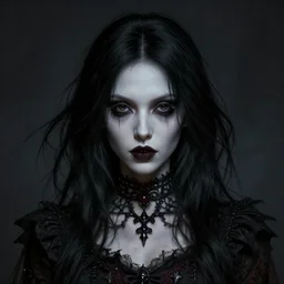 portrait painting of an androgynous witch with shoulder length flowing black hair pale skin and beautiful dark brown eyes wearing goth clothes, ultra realistic, concept art, intricate details, eerie, highly detailed, photorealistic, octane render, 8 k, unreal engine. art by artgerm and greg rutkowski and alphonse mucha