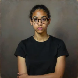 portrait of a mixed race young woman wearing glasses, wearing a black t-shirt, oil on canvas, elegant pose, masterpiece, Jonathan Yeo painting