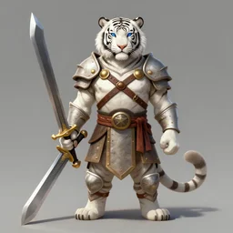 A full body shot of an anthropomorphic bipedal white tiger with blue eyes wearing light barbarian armor, equipped with a very large two-handed sword, digital painting, artstationHQ