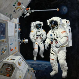 painting of astronauts in a space station, edward hopper style, retrofuturistic
