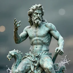 statue of frustrated Poseidon, God of the sea, very annoyed and complaining with wild gestures to the camera, bokeh, digital art, matte painting