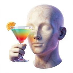 marble human head holding a coctail glass, colorful coctail, digital illustration, cgsociety, 3 d render, amazing detail
