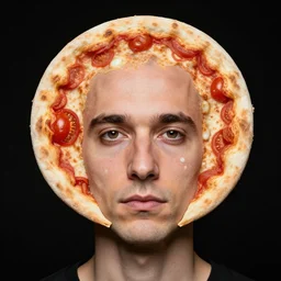 portrait of man with a rare deformational condition making the head flat and circular like a pizza, head looks exactly like a pizza, doughy skin with white pores, blemishes look like tomatoes, soft lighting, sharp focus, highly symmetrical, black background, masterpiece by letizia battaglia