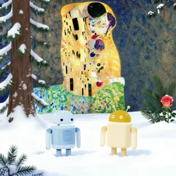snow, cedar, juniper, rose, forest, little android robot, 4 k y hokusai, klimt, dan mumford and mike mignola.