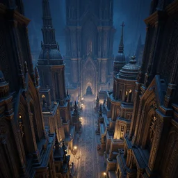 Dark blue and amber color scheme. Octane render, 4k. FPS pov. First person perspective. Realm. within the great fantastical mythical mythological city looking down at the intricate ornate byzantine elven dwarven architecture and streets. Art by James C. Christensen, James Gurney, Andreas Rocha, Barclay Shaw, Thomas Cole, Antoine Blanchard, Gilbert Williams, Christophe Vacher.