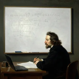 mathematician working on a formula on the table in front of a messy white board oil painting by rembrandt, dark room, romantique, realistic