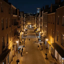 high quality photograph of a city street at night, photo taken at eye height, wide angle, nightlife, people walking, 4 k professional photograph, nice place to live, midrise buildings, narrow streets, soft warm street lamps, small windows, cozy, trending on artstation, detailed, beautiful, photograph, realistic
