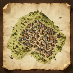 full detailed map of a small steampunk town, on a papyrus full color