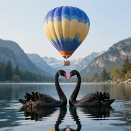 realistic extremely detailed  photo of a hot air balloon with a picture of two black swans swimming, touching heads, forming a heart with their necks flying above a reflective mountain lake, granular detail, holographic krypton ion, octane render, 4k, f32,55mm photography, wide angle
