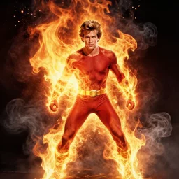 Young Paul Newman  starring as Johnny Storm, The Human Torch from The Fantastic Four Movie, Flame On, Entirely Engulfed in Fire and Smoke as The Human Torch, Color, Modern