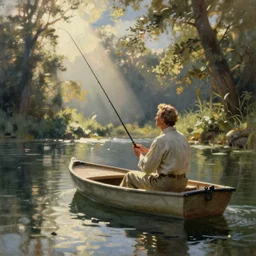 thomas kinkade painting of tom hanks fishing in a boat on a pond