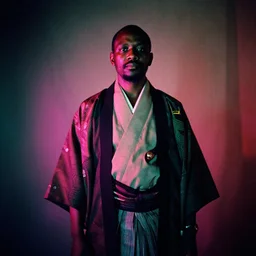 analogue photo of an african chief in Haori & Hakama, 35mm, f/1.4, neon dramatic lighting, national geographic, photographed by Martha Cooper,