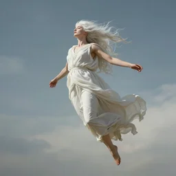 a beautiful white haired young lady, levitating in mid - air with her toga floating about, artwork by jeremy mann and alphonse mucha, photo realistic, dynamic lighting, windy, artstation, poster, dreamy, volumetric lighting, ethereal, 4 k, high detail