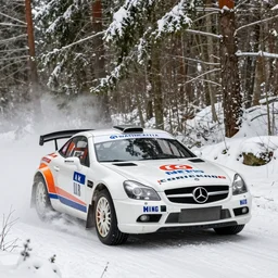 a 2 0 1 2 mercedes - benz slk 5 5 amg, racing through a rally stage in a snowy forest