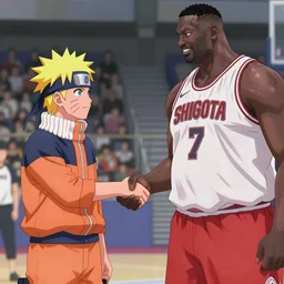 naruto shaking hands with an obese zion williamson, anime still