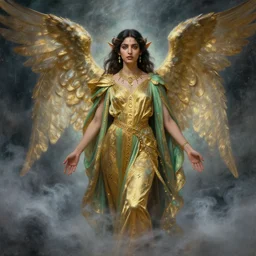portrait of angel elf avan jogia in gold - green robes, runes, jewelry, mystical, ethereal, magical storm fog, painting by greg rutkowski and alphonse mucha
