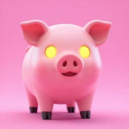 3D Render Portrait Of A Cute, Robot Pig With Glowing Yellow Eyes On A Neon Pink Background, Digital Art