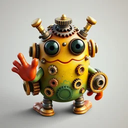 a tiny cute steampunk monster with cogs screws big eyes smiling waving, back view, isometric 3 d, ultra hd, character design by mark ryden pixar hayao miyazaki, unreal 5, daz, hyperrealistic, octane render, cosplay, rpg portrait, dynamic lighting, intricate detail, summer vibrancy, cinematic, symmetrically isometrically centered