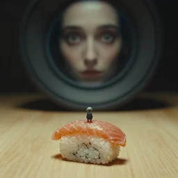 a tiny strange creature barely appears on a piece of sushi, film still from the movie directed by Denis Villeneuve with art direction by Zdzisław Beksiński, wide lens