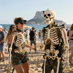 army of skeletons party on the beach in Ibiza