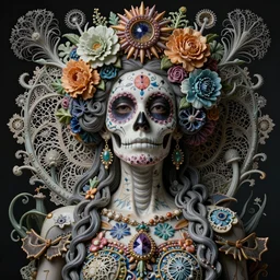 detailed realistic beautiful porcelain calaveras goddess portrait by jean delville, gustave dore, iris van herpen and marco mazzoni, art forms of nature by ernst haeckel, art nouveau, symbolist, visionary, gothic, neo - gothic, pre - raphaelite, fractal lace, intricate alien botanicals, ai biodiversity, surreality, hyperdetailed ultrasharp octane render