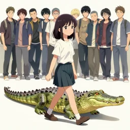 cell shading, a cute anime girl walking with a realistic hyper detailed crocodile, wlop, ilya kuvshinov, artgerm, krenz cushart, greg rutkowski, hiroaki samura, range murata, james jean, katsuhiro otomo, erik jones