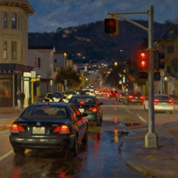 john singer sargent painting of cars waiting for traffic light in san francisco at night, taillights, puddles, reflections, hills, by john singer sargent