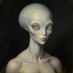portrait painting of an elegantly beautiful alien with glowing eyes, by norman rockwell. muted colors, soft gradients. baroque period, renaissance masterpiece. black background. trending on artstation. retrofuturism.