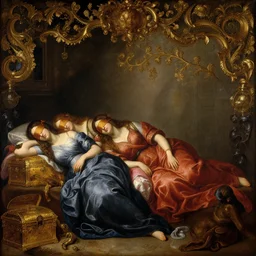 blindfolded hindu womens are sleeping on gold tresure in baroque style, painting by james jean, craig mullins, j. c. leyendecker, lights, art by ernst haeckel, john william godward, hammershøi