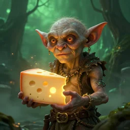 Photorealistic fantasy painting of one single D&D goblin holding swiss cheese.  Ominous green mist in the background.  Magical occult photorealism, UHD, amazing depth, glowing, golden ratio, 3D octane cycle unreal engine 5, volumetric lighting, cinematic lighting, cgstation artstation concept art
