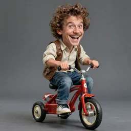hyper realistic absurd, silly, making faces, steve buscemi riding a tiny tricycle, painted by greg rutkowski, wlop, artgerm
