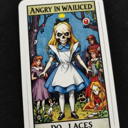 Angry Alice in Wonderland, Death Tarot card,highly detailed,half skull face,cinematic,8k,by Stanley Artgermm,Tom Bagshaw,Greg Rutkowski,Carne Griffiths, Ayami Kojima, Beksinski, Giger,trending on DeviantArt,hyper detailed,horror, full of colour