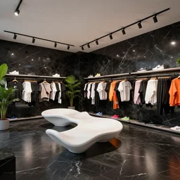 venta black nike boutique flagship retail. venta black styled black marble walls floor interior. white sensual flowing furniture!!! with colorful shoes and varied clothes. low ceilings with rails and spots. plants. muted colors. architectural photography, 8 k, realistic lighting, reflections, bloom, hyperdetailed environment, pbr materials.