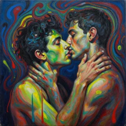 a man being overcome by love, ( ( ( psychedelic dripping ) ) ), blue black red green yellow detailed painting by painting by pablo amaringo david normal