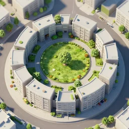 matte painting of the bird's eye view of circular cityblock. garden in the middle, forests all around. brutalist soviet architecture. dynamic perspective. urban, detailed digital art trending in artstation