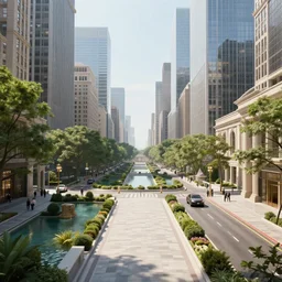 a luxurious city street designed by architects, lake, gardens, epic cinematic hyperrealism masterpiece, realistic shaded lighting by craig mallismo, artgerm, jeremy lipkin and michael garmash and hans zatzka, unreal engine, radiant light, detailed and complex environment, digital art, art station trends