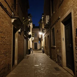 detailed realistic photo of an alley at night, low angle