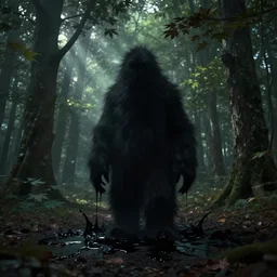 ominous fuzzy shadow monster n a maple tree forest, black liquid scattered around, uncanny, vhs, creepypasta, octane render, ray - tracing, godrays, 6 k