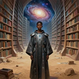 a breathtaking 8 k resolution matte painting of a black boy wearing cyberpunk robes inside a vast and endless four dimensional solarpunk library a the end of the galaxy, timbuktu, in a symboloic and meaningful style, by m. c. escher and alex grey and android jones