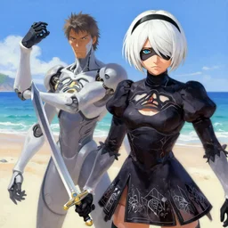 greg manchess painting of tracer from overwatch as 2 b nier automata on the beach holding a sword, organic painting, sunny day, matte painting, bold shapes, detailed, detailed, face trending on artstation, artstationhd, artstationhq, hard edges, by huang guangjian and gil elvgren and sachin teng