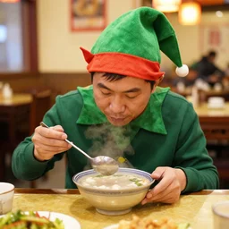 elf human eating soup inside a Chinese restaurant