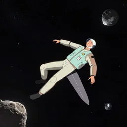 “ person floating in space, in the style of kurzgesagt ”