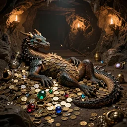 a very old dragon laying down on a pile of coins, treasures, loot, gems, precious stones, rings, in a cave, dark - lit with torches along the walls, with many gold coins, many treasures, piled around, very high detail, 8 k, artstation